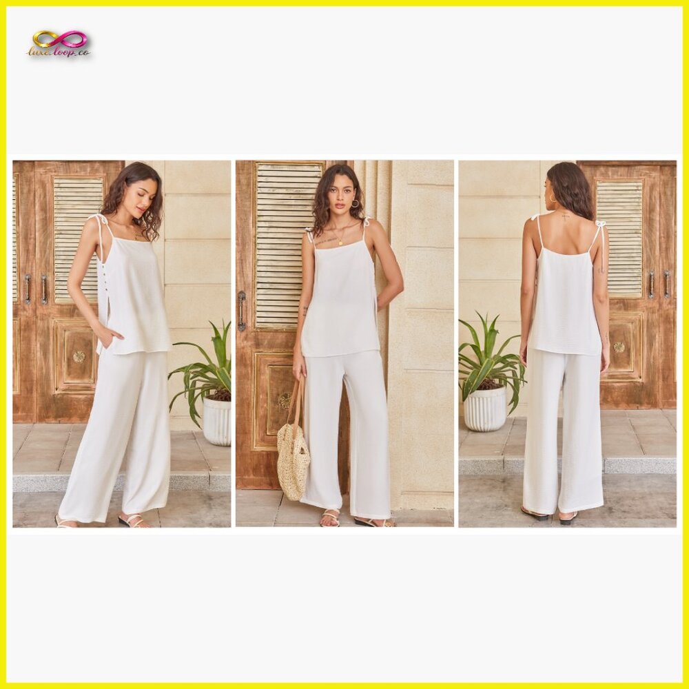 Lounge Set 2 Piece Summer Outfits Spaghetti Strap Tank Top Wide Leg Pants Travel - Picture 7 of 7